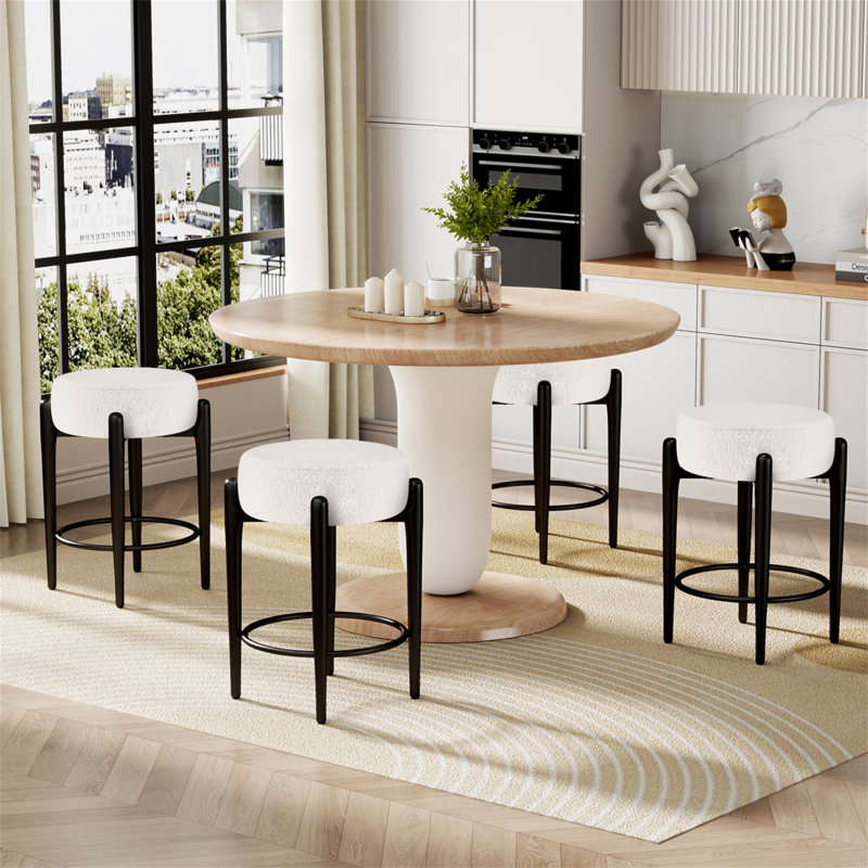 Ensemble de 4 chaises de cuisine Mid-Century modernes de 23,6 po sans dossier avec revêtement blanc Boucle et base en métal robuste
