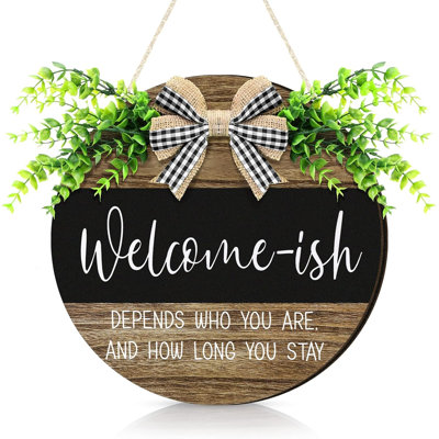 Panneau de bienvenue 3D pour porte d'entrée, couronnes rondes rustiques en bois de 30 cm avec feuilles artificielles, style ferme (feuillage classique, style rétro)
