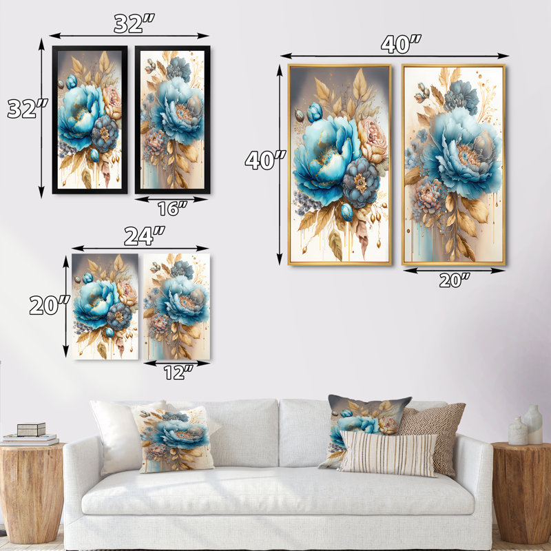 «Bouquet de fleurs mélangées bleu et or II», 2 pièces sur toile, Encadrement brun, H 32 po x l 32 po