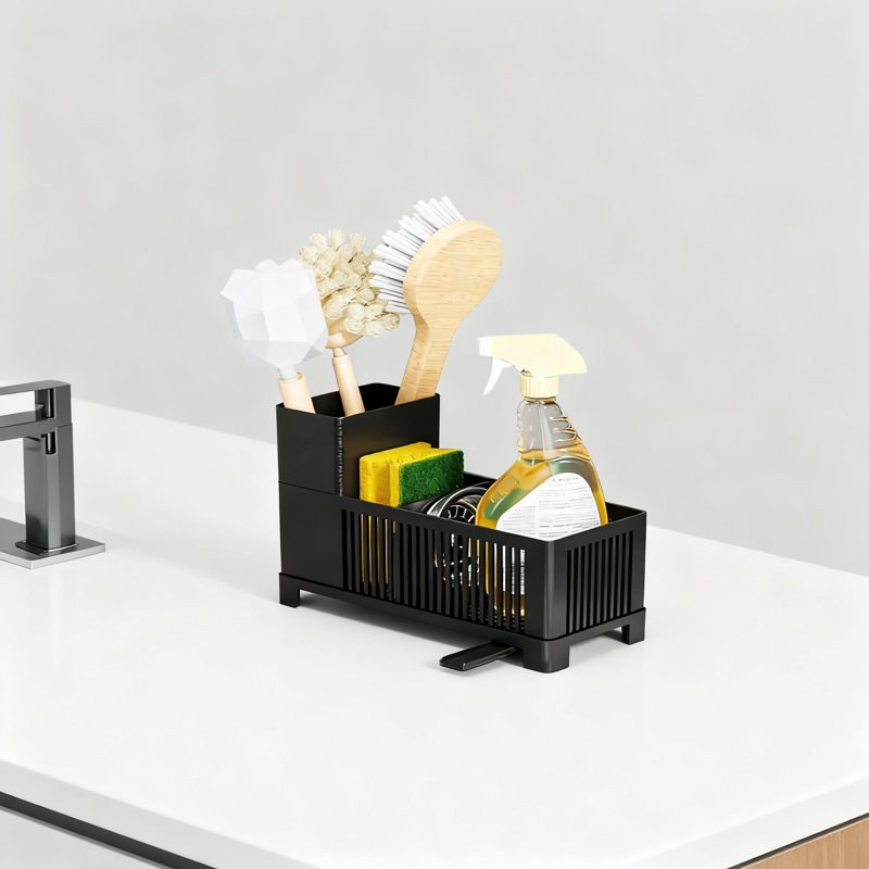 Organisateur de bac d'évier avec débordement rotatif, éponge réglable et porte-brosse, égouttoir de comptoir de cuisine multifonctionnel pour savon à vaisselle et outils de nettoyage
