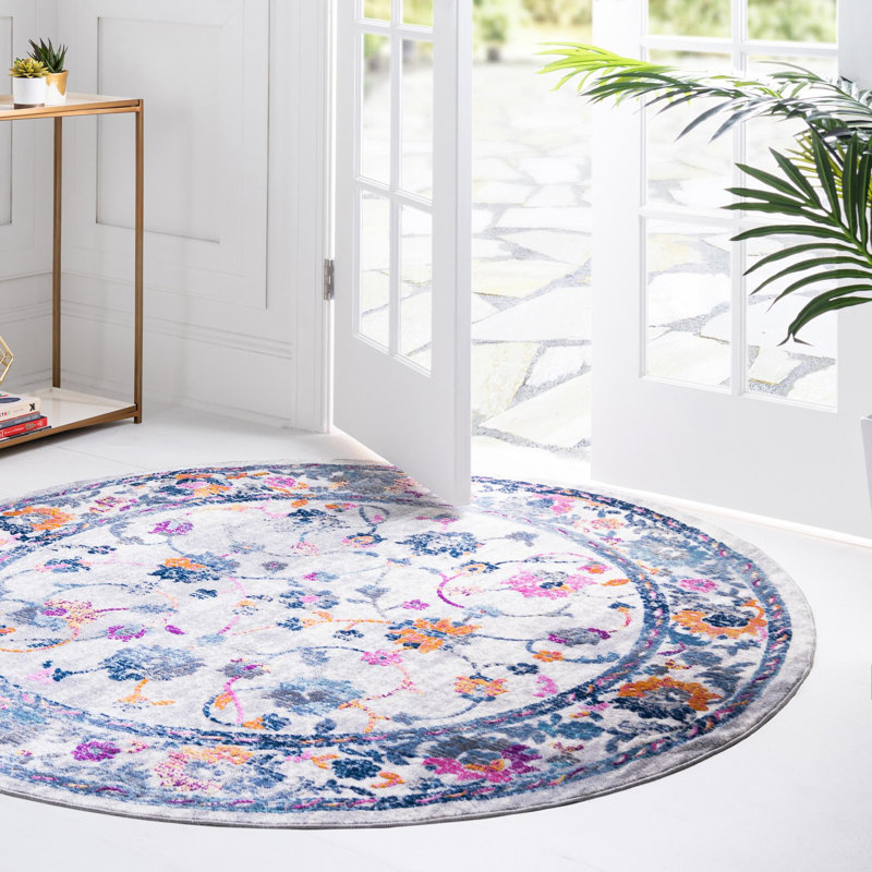 Tapis ivoire à motif floral, Rond 3 pi 7 po