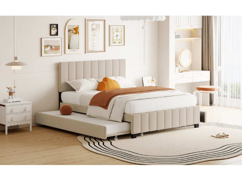 Lit plateforme tapissier en velours avec 2 tiroirs et 1 lit gigogne, Beige