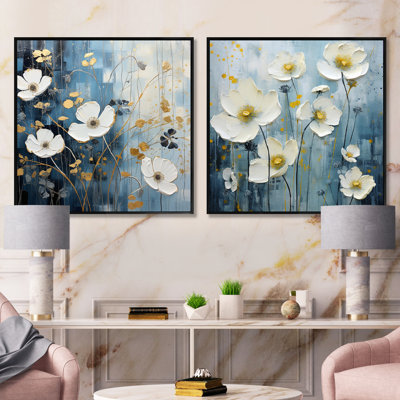 Minimalisme blanc et bleu - Ensemble de 2 collages carrés floraux