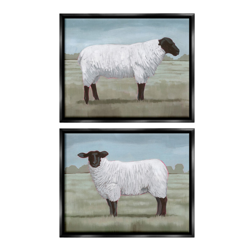 «Sheep Duo in Pasture» par Grace Popp - ensemble de 2 reproductions sur toile, Cadre flottant noir de jais, H 25 po x l 31 po