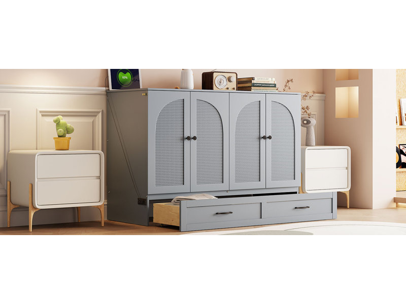 Lit escamotable avec de grands tiroirs,, Gris, Double