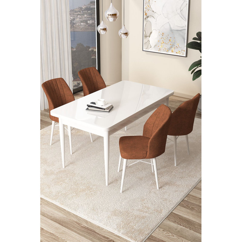 Ensemble de table et chaises de salle à manger moderne 5 pièces, blanc et rouge tuile | Panneau de particules 100% mélaminé, table: 43,3 po x 29,9 po x 27,9 po, chaises: 17,7 po x 35,4 po x 16,5 po | Sièges confortables avec mousse à dossier 22 et 28 sièges, conception élégante