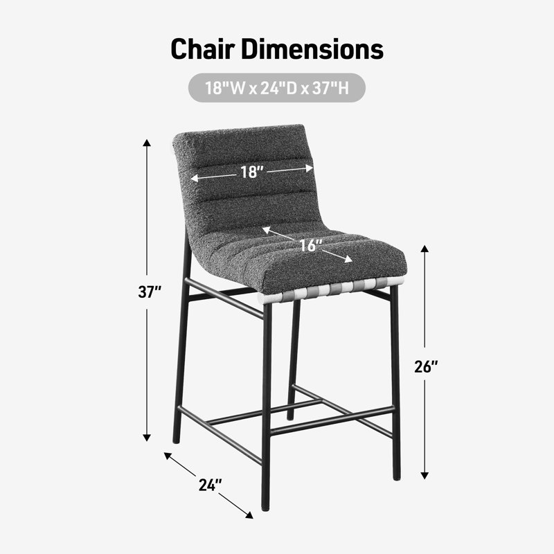 Lahni Contemporary Gray Boucle Fabric Upholstered Counter Stool with Black Iron Legs and Cognac PU Accents, Gray