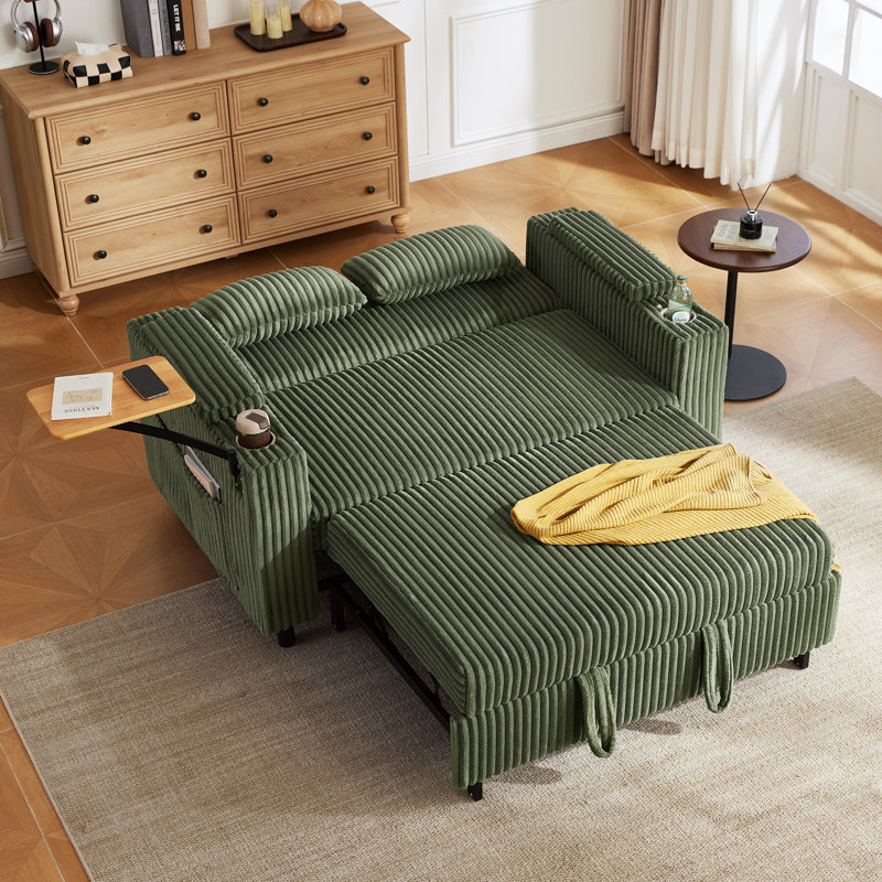 Sherry 58'' Upholstered Convertible Sleeper Sofa With Adjustable Backrest, Storage Armrests, Cup Holders, Side Table & Charging Port