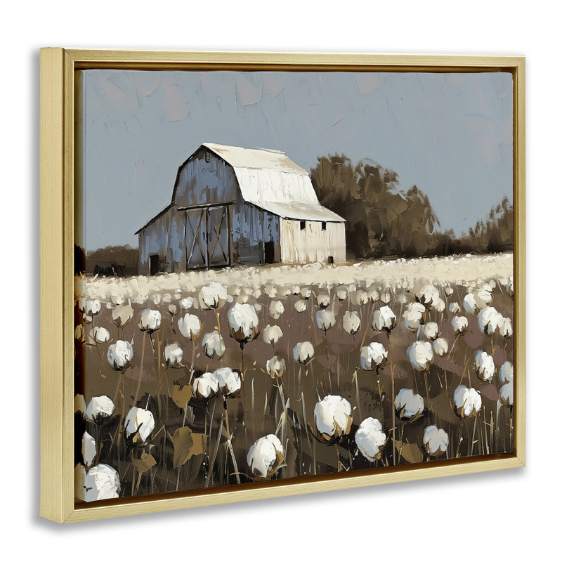 Illustration de toile de grange dans un champ de coton flottant, design par Arlington Prints, Cadre flottant gris lustré
