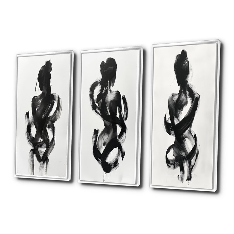 Silhouette de femme minimaliste I - Collection de 3 grands panneaux modernes sur toile, H 28 po x l 36 po, Blanc