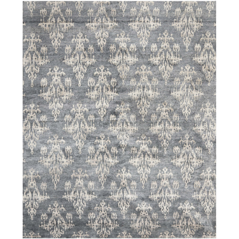 Tapis ikat tibétain en viscose / coton noué à la main en graphite, Rectangle 8 pi x 10 pi