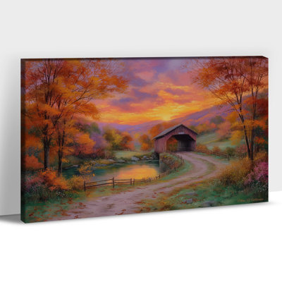 GUTTATY, automne, toile, art mural, campagne rustique, pont couvert, paysage, ferme, érables d'automne, peinture, nature vibrante, reproduction d'art pour salon, chambre, bureau, 28 x 40 po