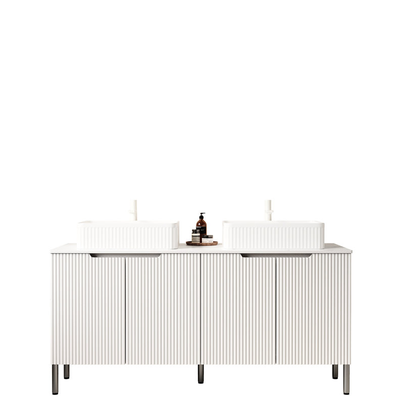 Meuble-lavabo 60 po, moderne, autoportant, lavabos et armoire à rayures françaises, lavabos en céramique blanche, comptoir, 4 portes, système de fermeture en douceur, grand rangement, meuble-lavabo autoportant de haute qualité avec