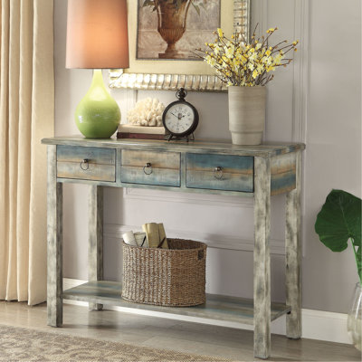 Wooden Console Table In Antique Grey And Teal With Extra Storage Display Features Frame Ample
