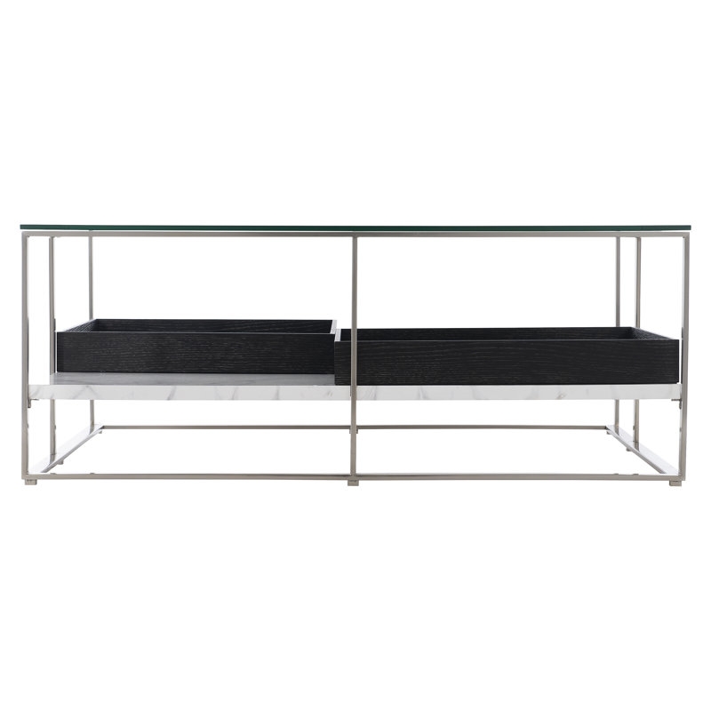 Square Black and Silver Marble Glass Coffee Table with Storage