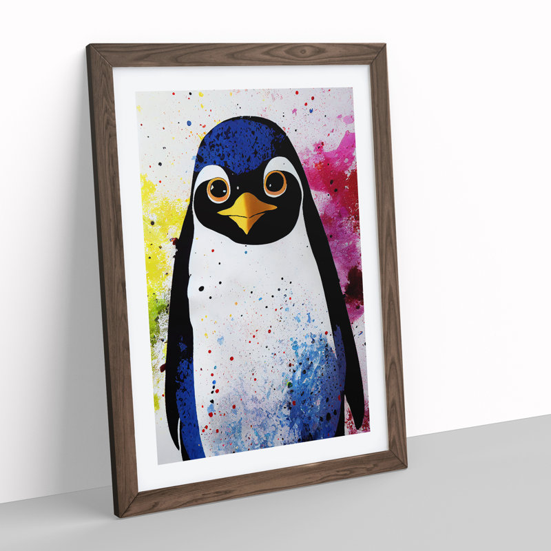 XV1022-3233X Paint Splash Penguin No.1 - Single Picture Frame Print, 64cm H x 46cm W x 2cm D, Walnut