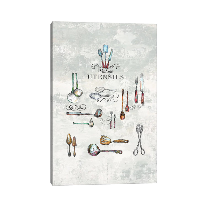 Vintage Utensils - Kitchen Wall Art by Fanitsa Petrou - Wrapped Canvas Print, 20.32 cm H x 30.48 cm W