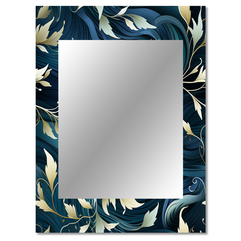Khader White And Blue Chrysanthemum Zen Tranquility - Floral Decorative Wall Mirror, Floral Mirror, Printed Metal Art
