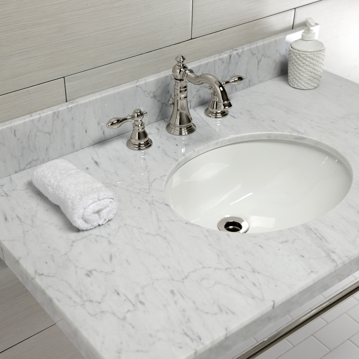 Kingston Brass Edwardian 36-Inch Carrara Marble Console Sink with Brass Legs (8-Inch, 3-Hole), Marble White/Polished Nickel