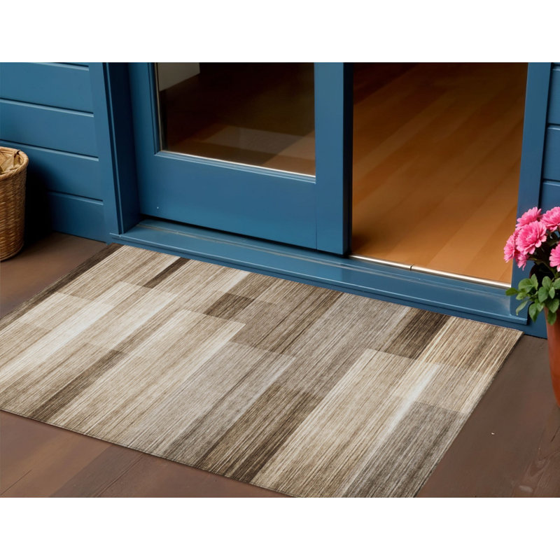 3' X 5' Brown And Ivory Striped Washable Indoor Outdoor Area Rug