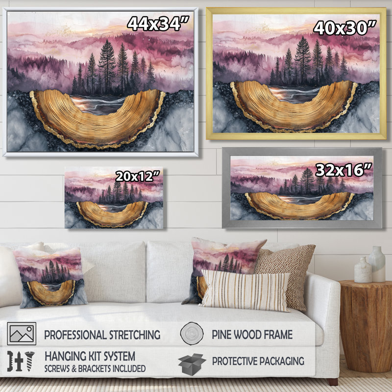 Forêt, rivière, améthyste, cristal IV - forêt, art mural, H 24 po x l 32 po, Cadre flottant, Doré