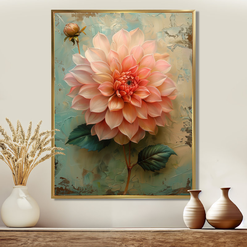 Décoration murale dahlia rose rose bleu rétro - Dahlia, Cadre flottant doré, H 16 po x l 32 po