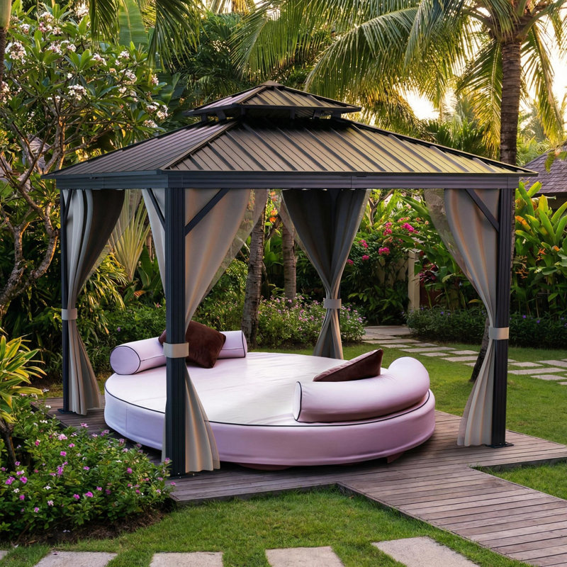 Gazebo Hardtop, with Nettings and Curtains, Khaki, 76.8 H" x 135.6" W x 135.6" D