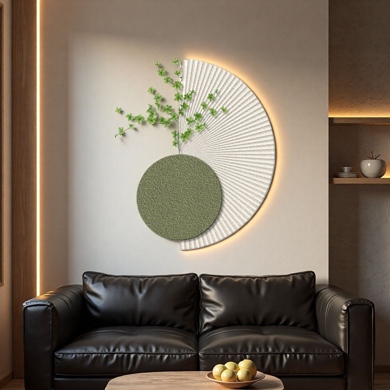 Peinture murale crème crémeuse à motif de plantes vertes créatives, H 39,37 po x l 28,35 po x P 1,18 po