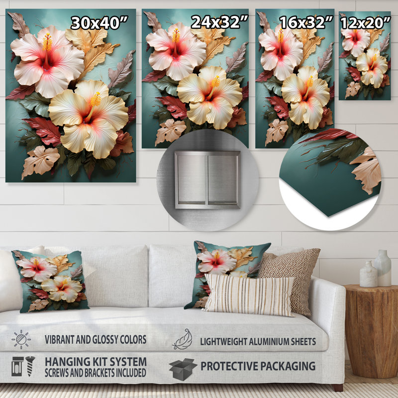 Rivero - art mural hibiscus, Sans cadre, métal, H 32 po x l 24 po