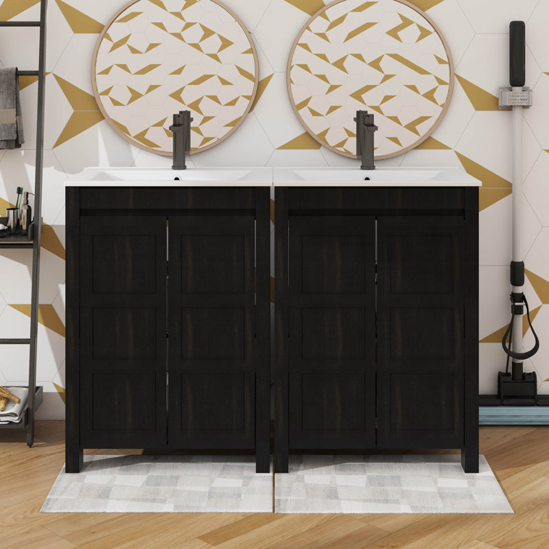 Ensemble de meuble-lavabo de 48 pouces de style nostalgique contenant deux lavabos indépendants et deux lavabos en céramique