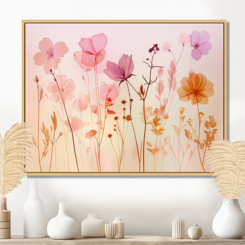 Décoration murale sur toile encadrée avec fleurs roses, H 24 po x l 32 po, Cadre naturel flottant