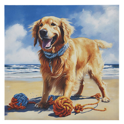 Golden Retriever Wall Art Canvas Print - Beachside Dog Happiness 16x16 Inch Ornament Hangings Beach Fun 16"w X 16"h