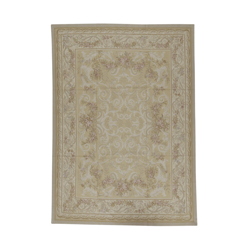 Tapis vert et beige noué à la main de haute qualité, Rectangulaire 8 pi 11 po x 12 pi 1 po