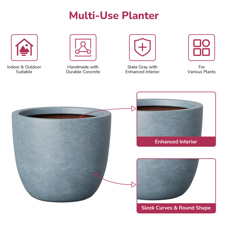 13.5" W x 11.5" H Medium Blue Gray Concrete Tall Round Planter / Pot with Drainage Hole for Indoor & Outdoor