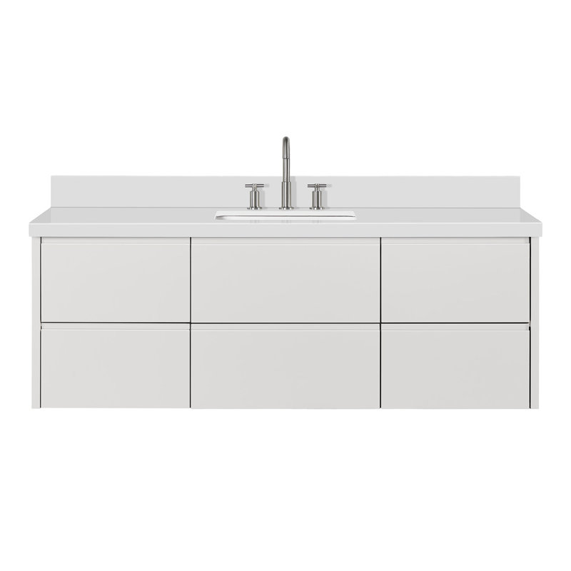   Ensemble de meuble-lavabo mural rectangulaire simple 61 po avec comptoir en quartz blanc pur 1,5 po Ensuko, Rectangulaire