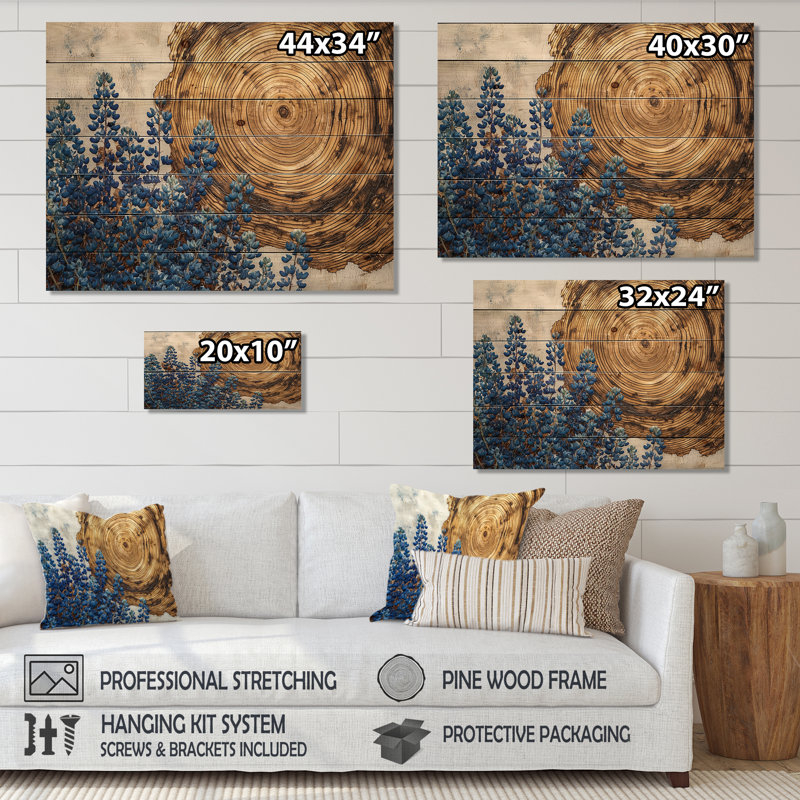 Blue Bonnets Flowers On A Wood Slide Landscape II - Blue Bonnets Wood Wall Decor, 10" H x 20" W x 0.78" D