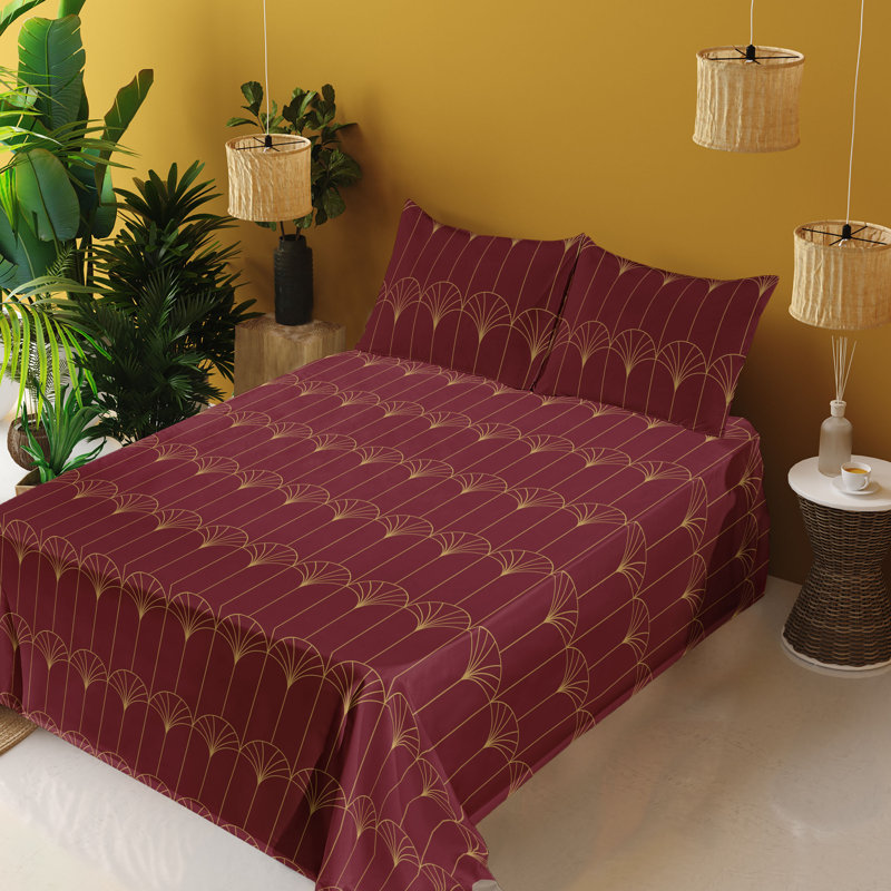 Microfiber Sheet Set, Full Sheet Set with 2 Pillowcases, Burgundy Geometric