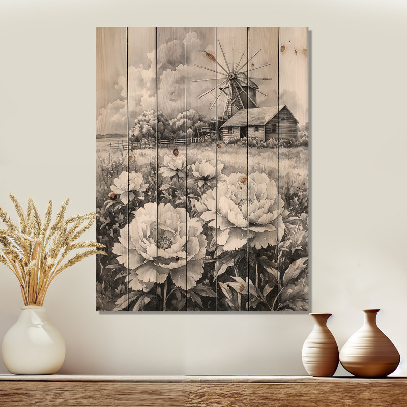 Monochrome Peonies At The Barn - Peonies Wood Wall Decor - On Natural Pine Wood, 32" H x 24" W x 0.78" D