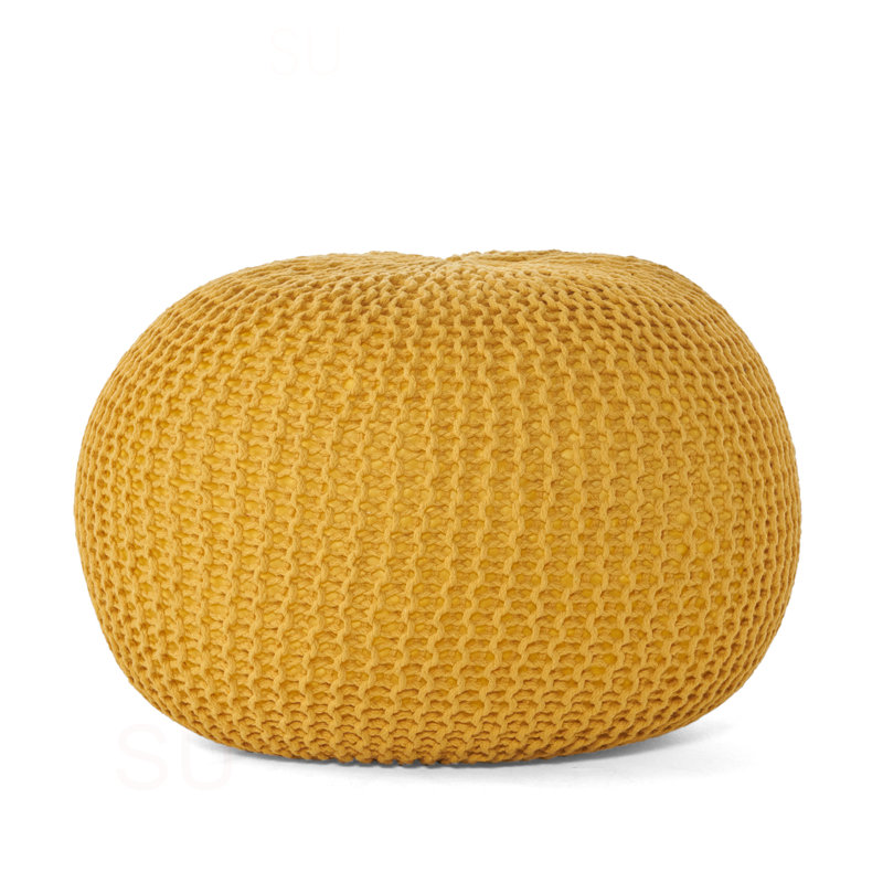 Bordeaux Knitted Cotton Round Pouf, Yellow, 12" H x 19.75" W