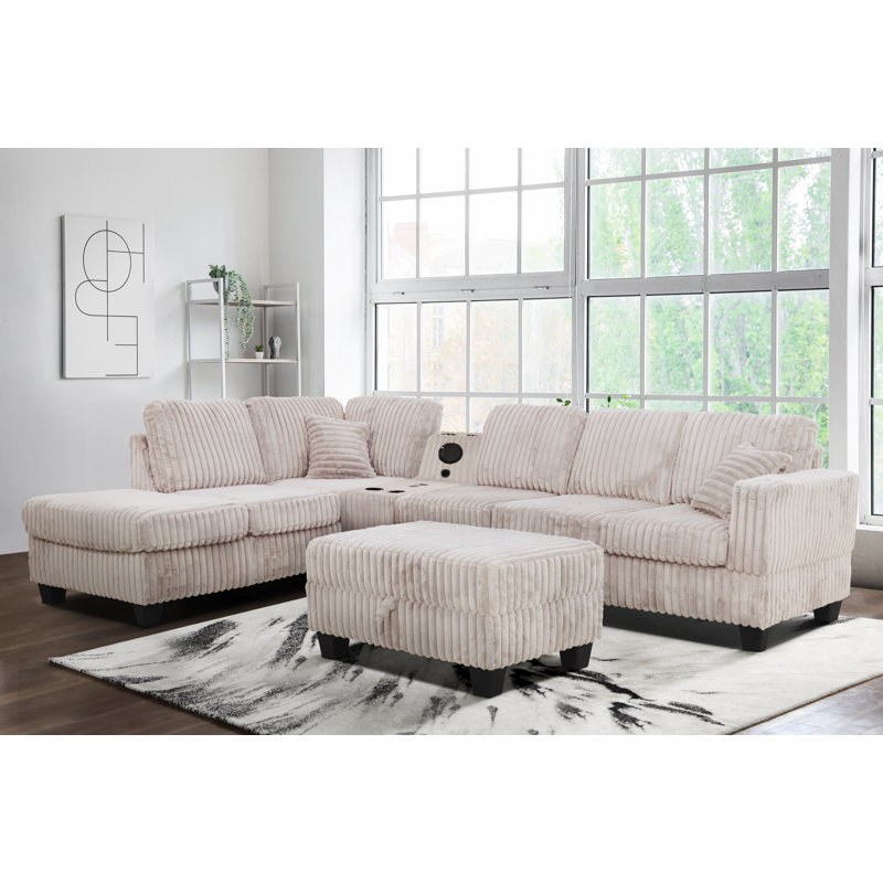 Vega Reversible Faux Fur Sectional with Media Console And Storage Ottoman, Beige Carduroy