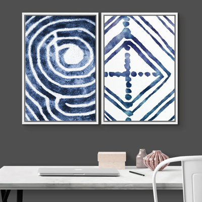 Lignes géométriques abstraites à motif d'aquarelle bleu foncé avec motifs géométriques abstraits, style Mid-Century