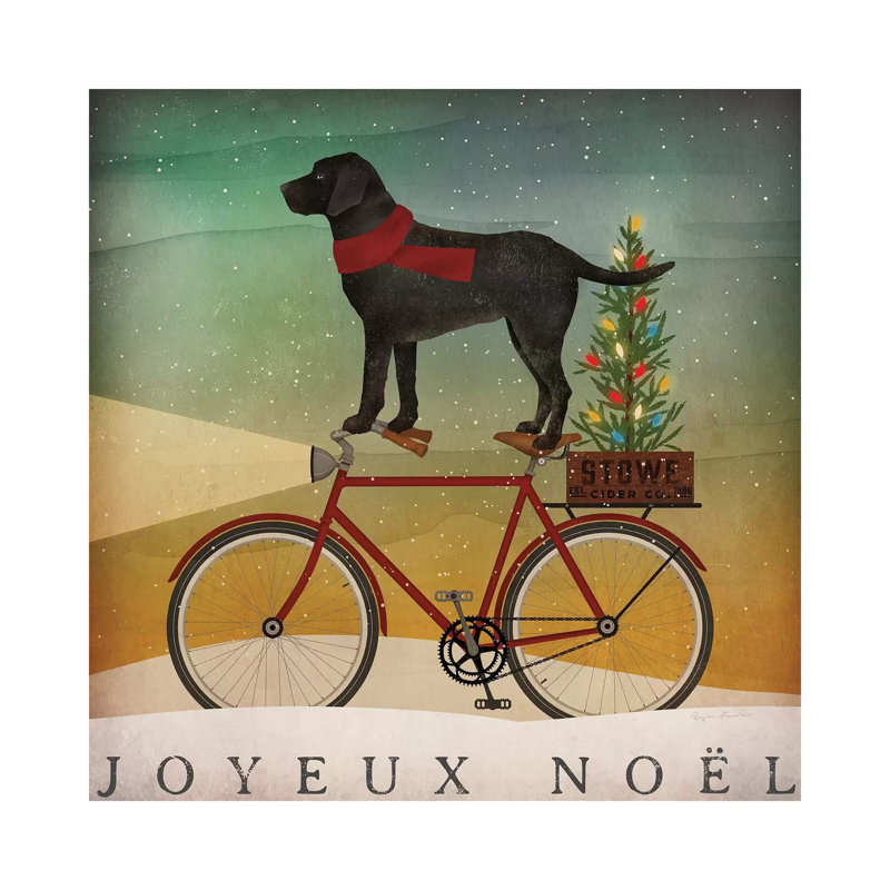 «Black Lab on Bike Christmas» par Ryan Fowler - peinture sur toile tendue, H 12 po x l 12 po x P 0,75 po