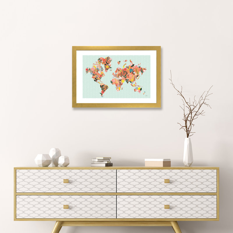 «Wild Garden World» par Laura Marshall - impression d'art graphique, H 16 po x l 24 po x P 1 po, Papier encadré doré, Blanc