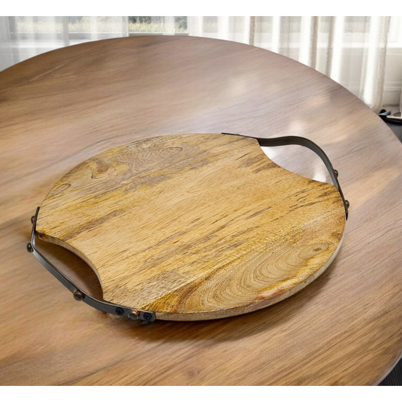 Plateau rond 13 po en bois et métal brun naturel