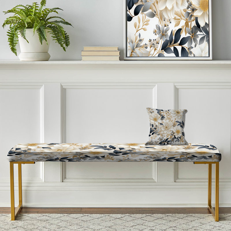 Upholstered Gold Bench, Ethereal Blooms I