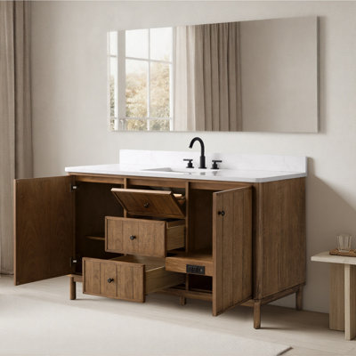 Meuble-lavabo simple 60 po avec dessus en pierre Milano Mist, centrale électrique dissimulée, support pour sèche-cheveux