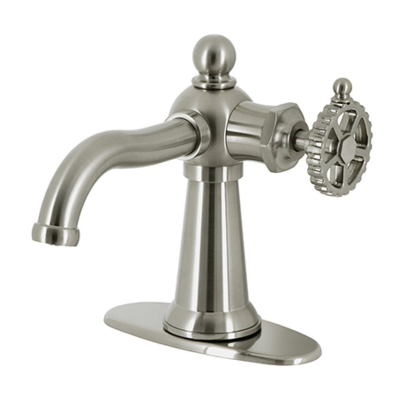Kingston Brass Fuller Single-Handle 1-Hole Deck Mount Bathroom Faucet with Push Pop-Up and Deck Plate, Wheel, Brushed Nickel