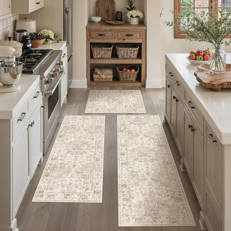 Ensemble de tapis de cuisine 3 pièces beige lavable avec tapis antidérapant
