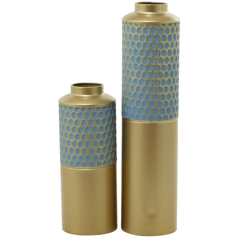 Metal Honeycomb Decorative Vase Set, Light Blue