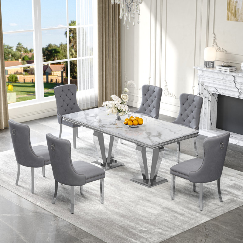 7-Piece Dining Table Set, Marble Veneer MDF Table with 6 Velvet Dining Chairs – Modern Dining Set for 6